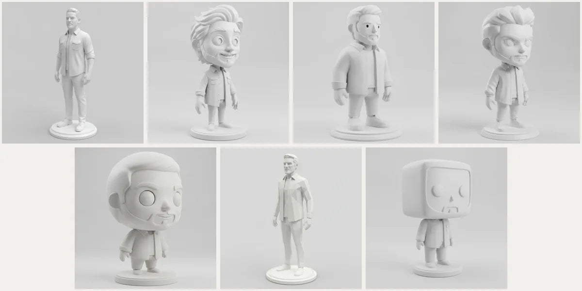 Estilos de figuras 3D personalizadas: el mismo personaje en realista, animado, art toy, anime, chibi, low poly y cabezón