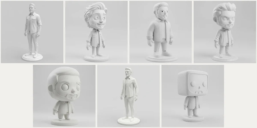 Estilos de figuras 3D personalizadas: el mismo personaje en realista, animado, art toy, anime, chibi, low poly y cabezón