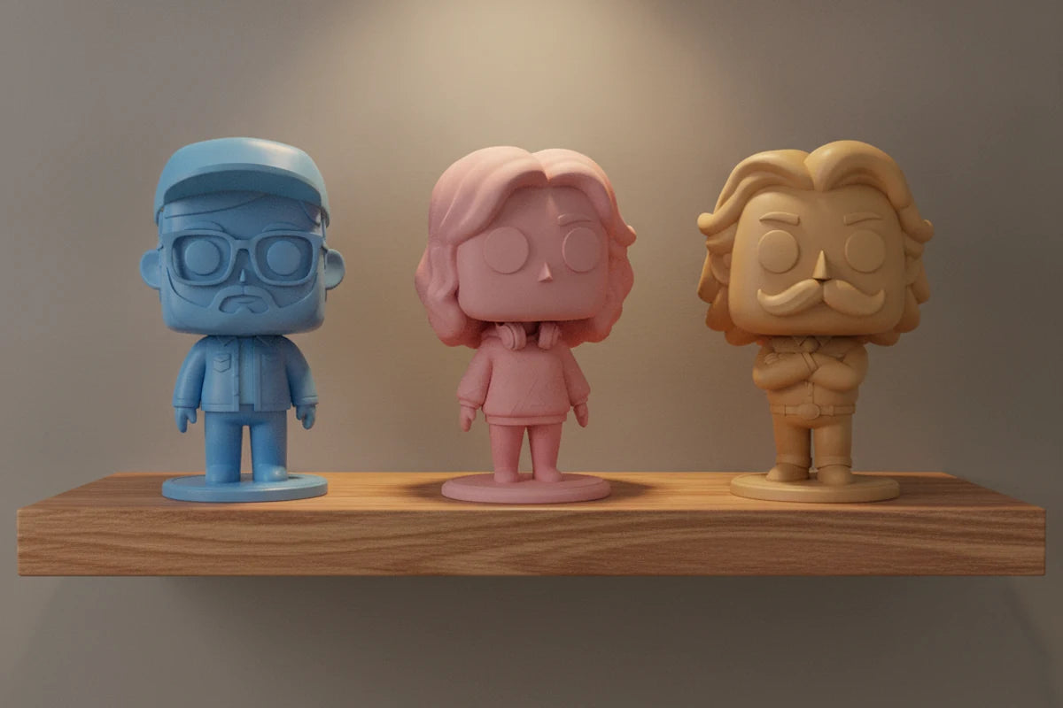 Tres figuras cabezonas personalizadas impresas en 3D en colores celeste, rosa pastel y arena sobre una repisa de madera