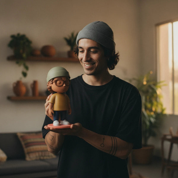 Foto de una persona con su figura 3D personalizada estilo Art toy — tresde