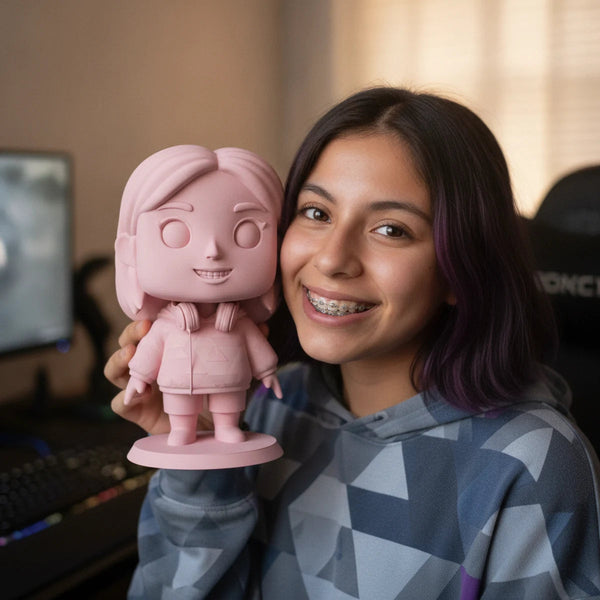 Foto de una persona con su figura 3D personalizada estilo Chibi — tresde