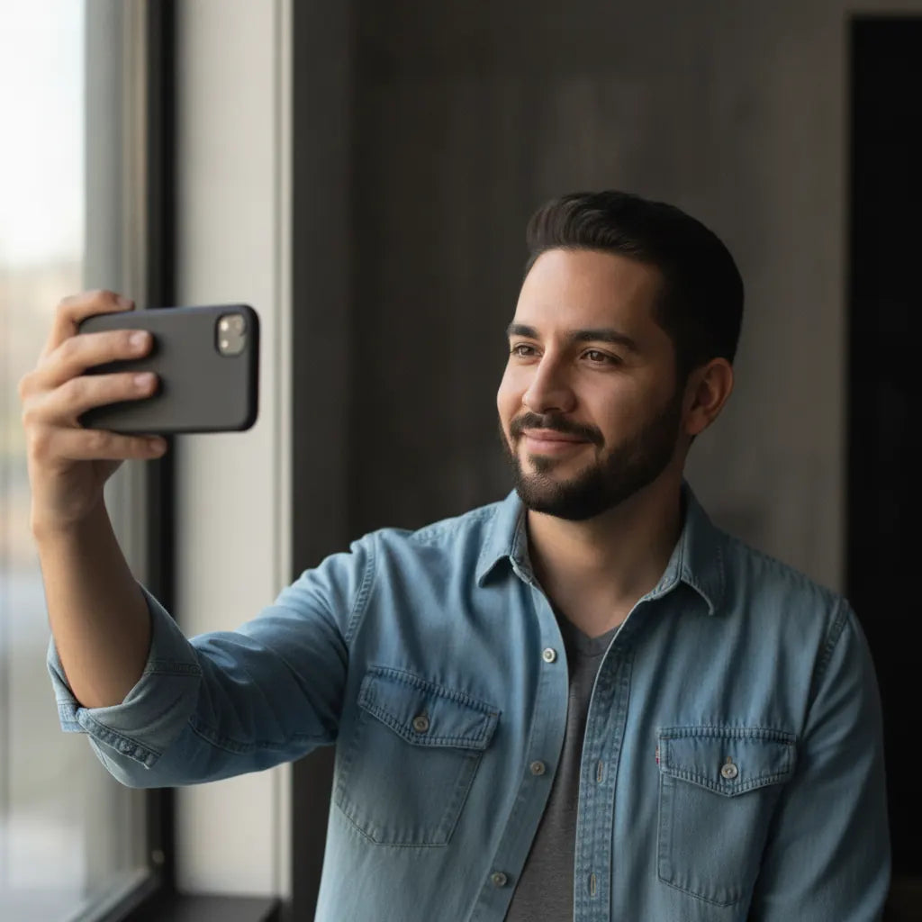 Cliente tomándose fotos de referencia con su teléfono para crear su figura