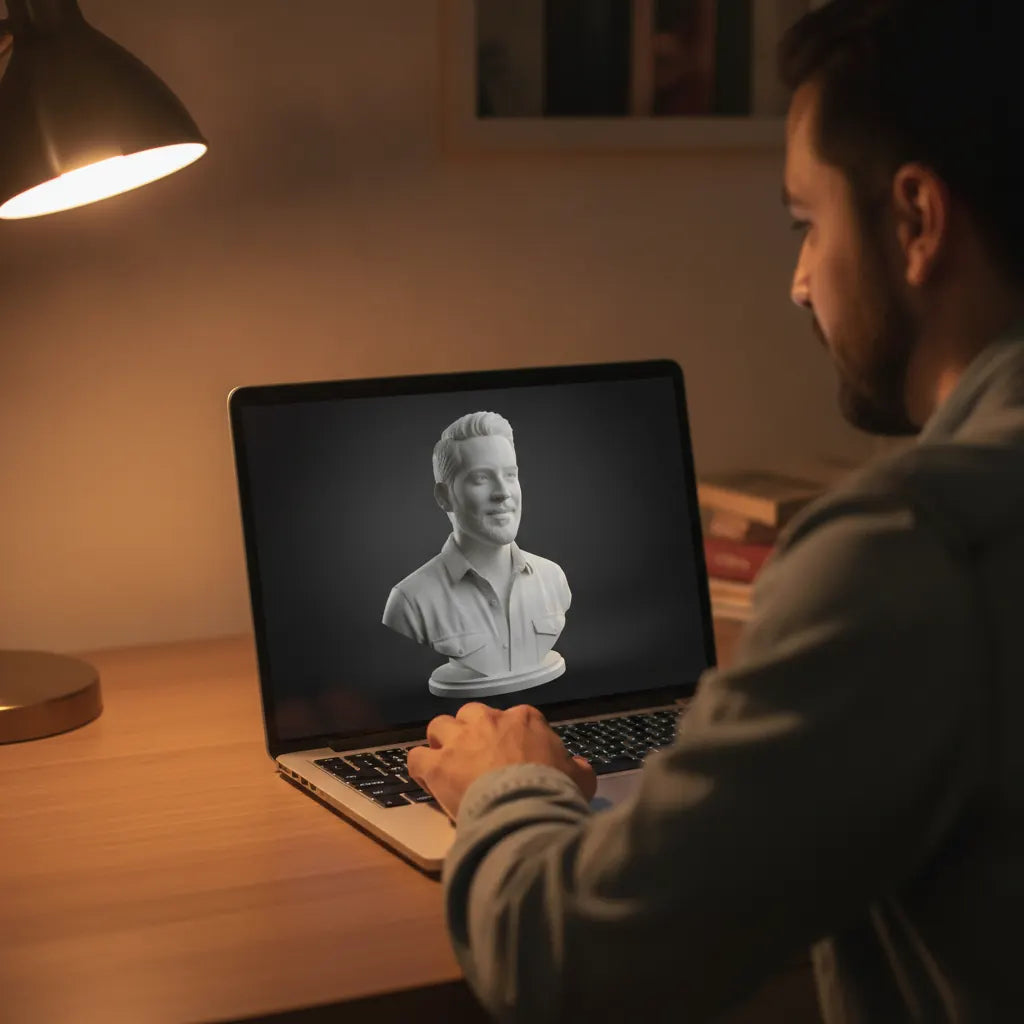 Cliente aprobando la propuesta de su busto personalizado en la laptop