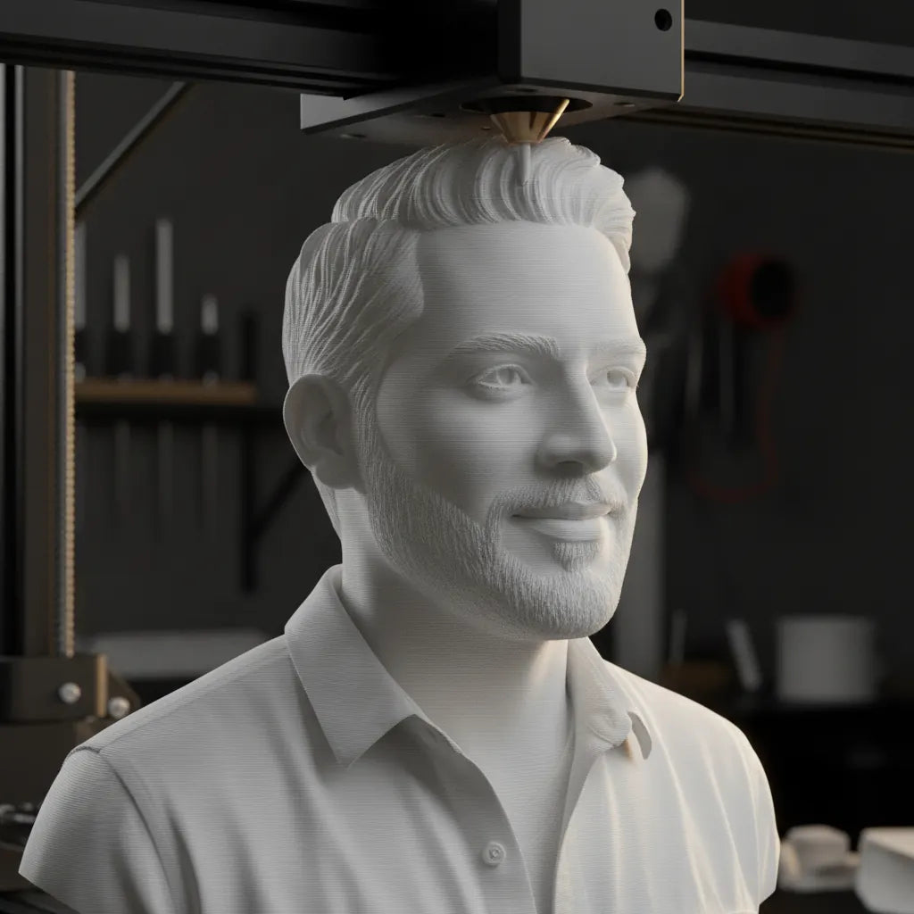Impresora 3D imprimiendo capa a capa un busto personalizado en PLA blanco